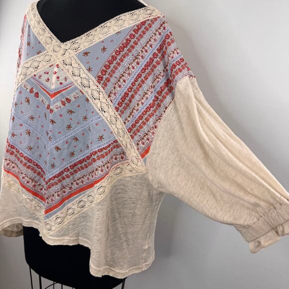Free People Prairie Days Multi Blouse Linen Lace-Trim Dolman Sleeve Size Large L - Picture 3 of 7